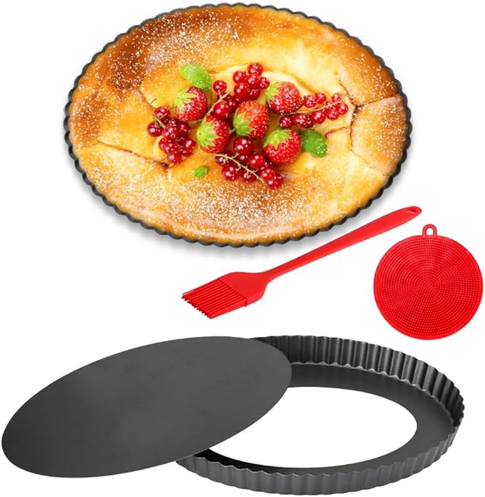 Tart Pan 10 Inch Oval Quiche Pan, Carbon Steel Pie Pans with Oil&Dish Brush Non-Stick Quiche Tart Pan with Removable Bottom for Tarts, Pies, Mousse Cakes and Desserts