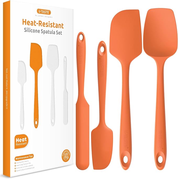Heat Resistant Silicone Spatula Set: U-Taste 600ºF High Temp Seamless Food Grade Utensil, Flexible Rubber Silicon Kitchen Cooking Mixing Baking Scraper for Nonstick Cookware Set of 4 (Orange)