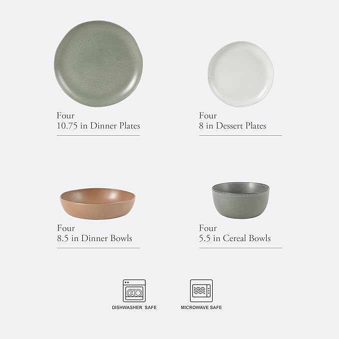 Gibson Elite Menlo Park 16-Piece Pottery Clay Stoneware Dinnerware Set – Assorted Color Reactive Glaze, Organic Shape Embossed Plates and Bowls W/Pasta Bowl, Service for 4 Microwave Dishwasher Safe