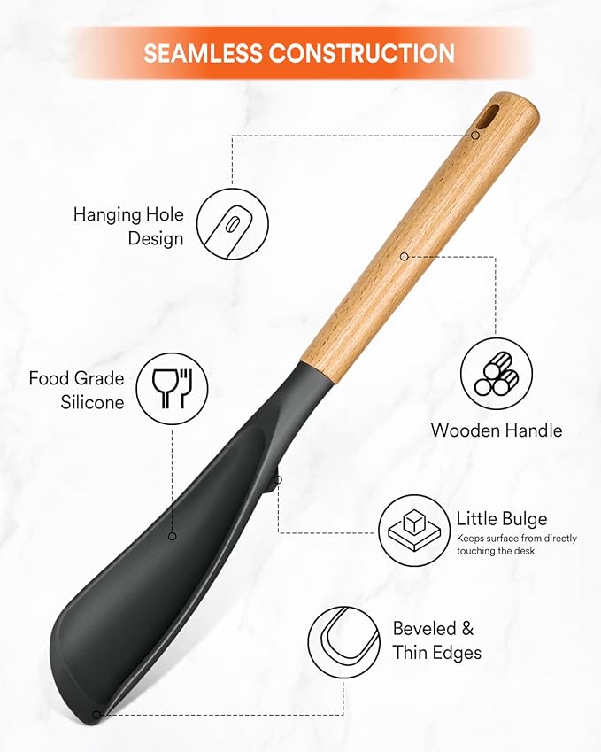 Multifunction Spatula Spoon for Nonstick Cookwares, Great for Cooking and Serving, Sturdy BPA-Free Matte Silicone, Wood Handle Spatula for Mixing, Scoop, and Scrape, Grey(2 pack,11.4" & 13.4")