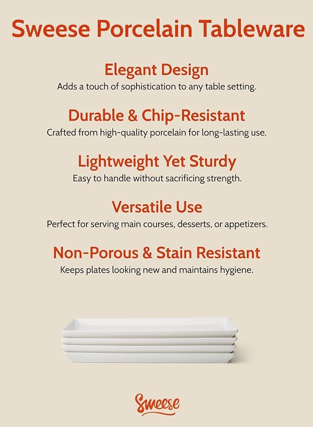Sweese Rectangular Porcelain Platters, Serving Trays for Parties, 13.8 Inch Large Serving Dishes for Steak, Taco, Sushi, Appetizer, Cake - Dishwasher & Oven Safe - Set of 4, White