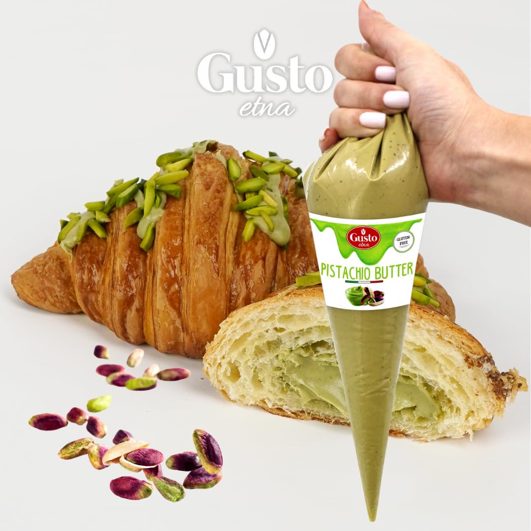 GUSTO ETNA Pistachio Nut Butter Cream in Squeeze Pouch, Spread, Cake Filling & Icing, Frosting, Dessert, Sweet Pistachio Butter, Pistachio Paste, From Bronte, Sicily, Italy, Non GMO, 14.1 oz (400 g)
