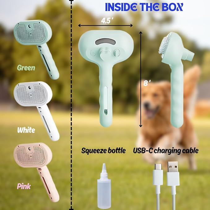 Pet Steam Brush for Cats Dogs, 3-in-1 Cat Grooming Tool with Water Spray and Quick Hair Release Button, Hair Removal Comb for Shedding, Steamy Brush (Geen)