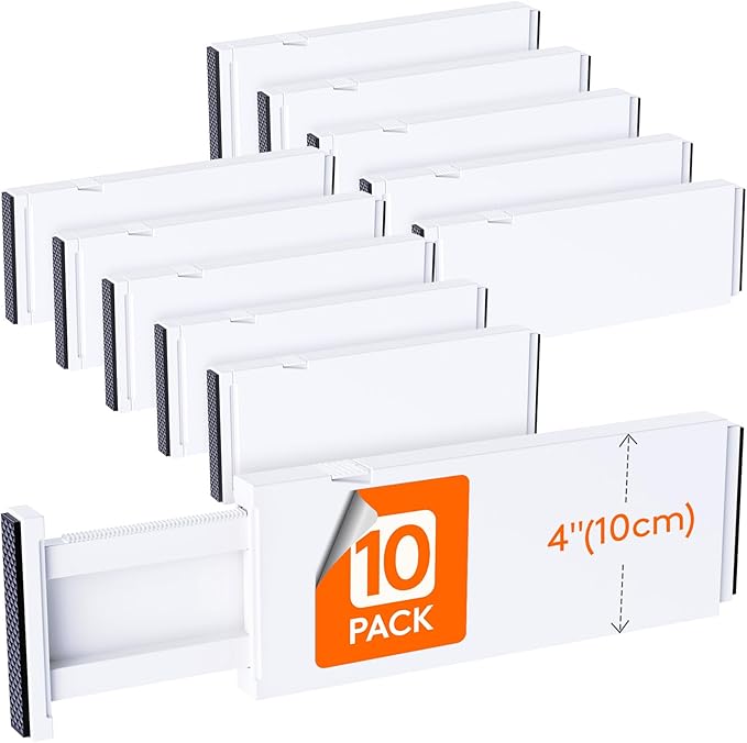 Lifewit 10 Pack 4" High Drawer Dividers 28-43.5cm/11-17" Adjustable Drawer Organizer for Clothes/Utensils, Expandable Drawer Separator in Dresser/Kitchen/Bedroom/Office Organization & Storage White