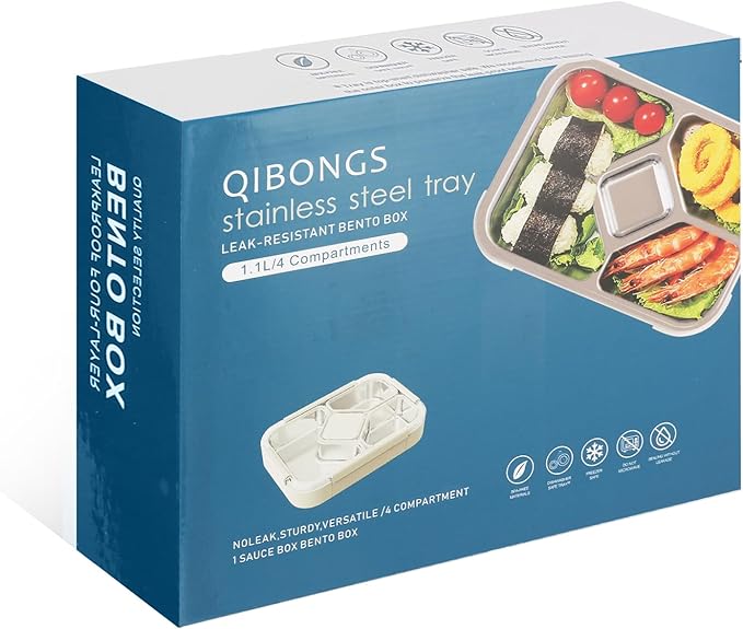QIBONGS-Stainless Steel Tray Bento Lunch Box with Sauce Cup Drop-Proof, Leak-Proof 4 Compartments Container for Work, Travel, Dishwasher Safe, Made with Food-Safe Materials (Pink)