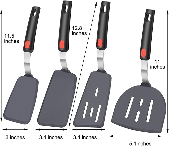 4Pcs Spatula Silicone Heat Resistant Flexible Rubber Silicone Spatulas for Nonstick Cookware, Burger Pancake Spatula Turner Large Silicone Spatulas Set for Cooking Kitchen Utensils Set Black