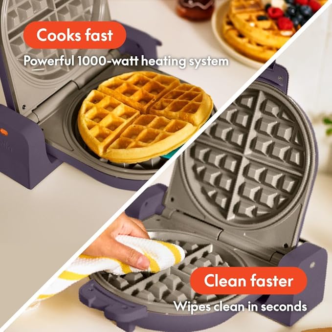 bella Flip-n-Store Waffle Maker, EverGood™ Ceramic Nonstick Coating, Fits-anywhere™ Kitchenware, Power Indicator Light & Touch Handle, 7” Wide & 1" Deep Plates, 1000 Watt, Plum