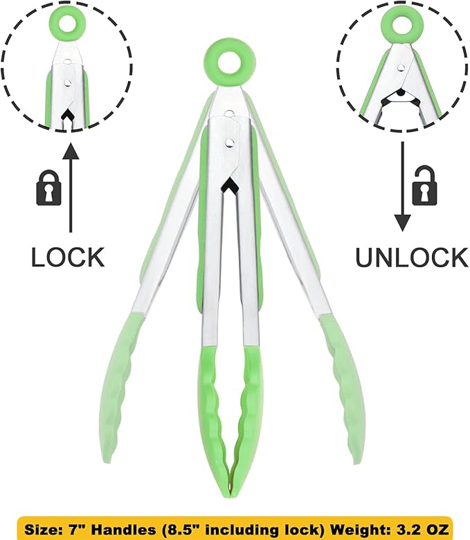 Mini Tongs with Silicone Tips 7 Inches Silicone Cooking Tongs, Set of 3 (Green)