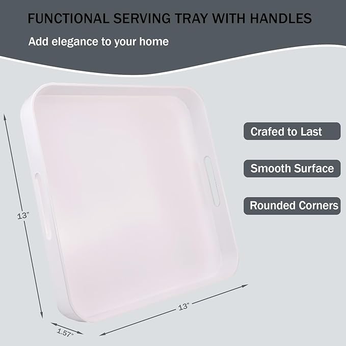 Square White Decorative Serving Tray with Handles, Versatile Ottoman Tray for Coffee Table, Entertaining, Outdoor Patio, Living Room, 13”*13”*1.6”