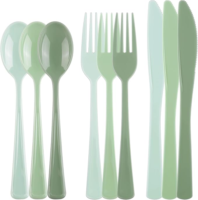 300 Pieces Sage Green Plastic Silverware Heavy Duty Plastic Cutlery Set Heavyweight Disposable Flatware Includes Spoons Forks Knifes for Birthday Party Prom Night Wedding Dinner