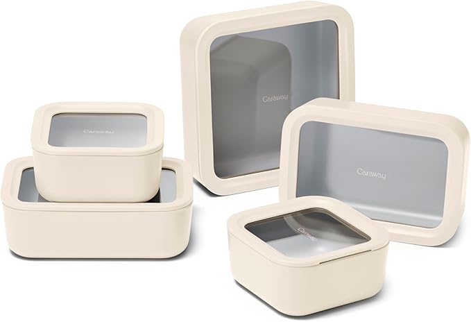 Caraway 13pc Glass Food Storage Container Set - Easy to Store, Non Toxic Lunch Box - with Glass Lids - Includes Storage Organizer - Cream