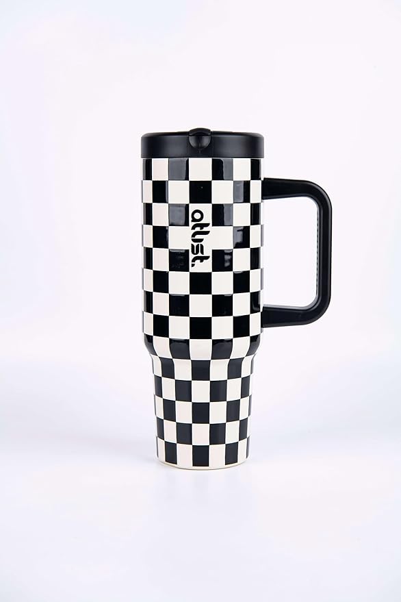 ProTour 100% Leakproof 40 oz Tumbler with Handle & 4-in-1 SipSwig Lid | Built-In Flip Straw & External Stainless Steel Straw | Insulated Stainless Steel Cup | BPA-Free | White & Black Checkered