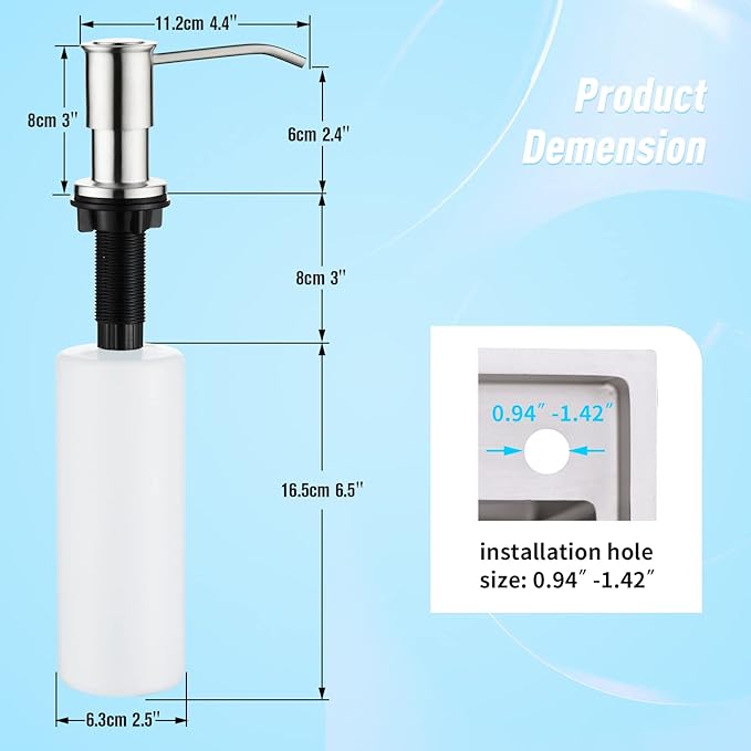CREA Kitchen Sink Soap Dispenser Countertop for Kitchen Sink, Stainless Stee Built in Sink Soap Dispenser Brushed Nickel for Bathroom with 39" Tube Large Capacity 17 OZ Bottle