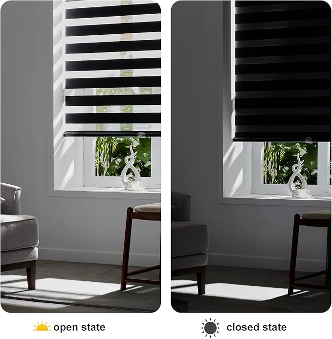 Persilux Cordless Zebra Blinds for Windows (35" W X 72" H, Black) Free-Stop Dual Layer Roller Windows Shades for Day and Night, Light Filtering Sheer Shades for Home, Easy to Install