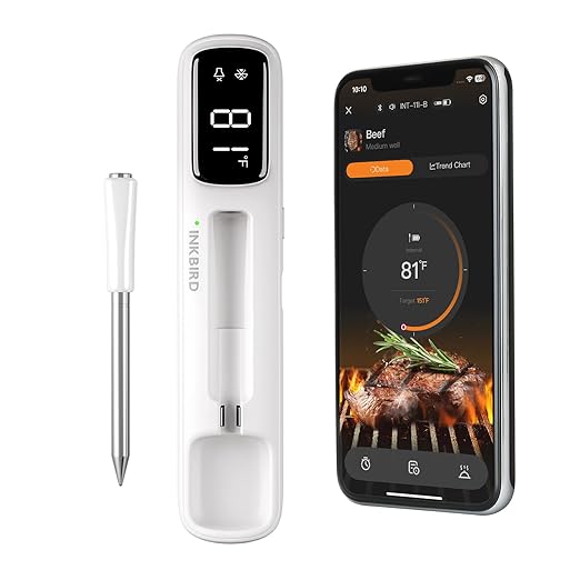 INKBIRD Mini Wireless Meat Thermometer, Bluetooth 5.4,1000ft/305m Ultra Long Connection, 60 Min Offline Data Storage, IP67 Waterproof, White LED Display, Ideal for BBQ, Grill, and Smoker
