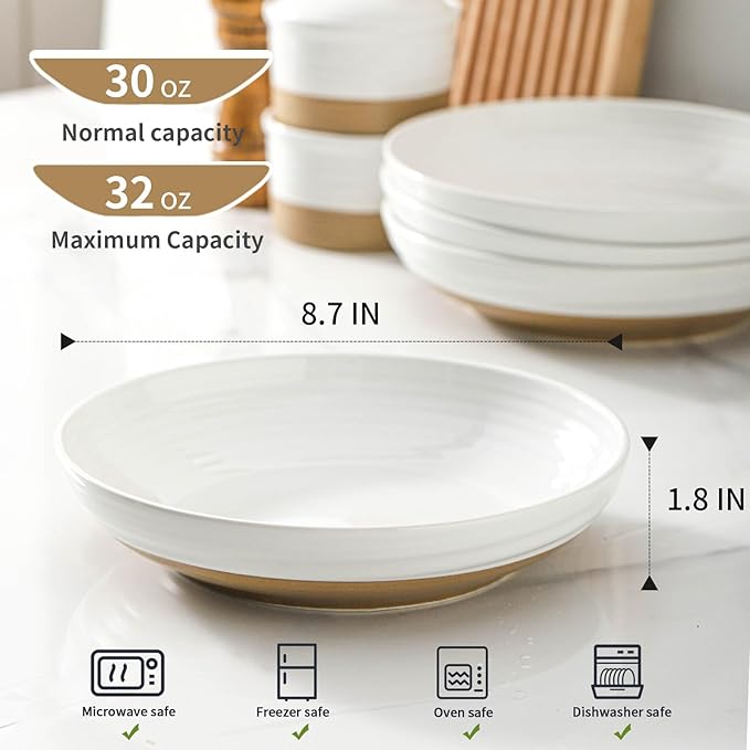 Hasense Pasta Bowls Set of 4, 8.7 Inch Ceramic Serving Bowls for Entertaining, 32 Oz Stackable Bowl Set for Soup, Pasta, Salad - Dishwasher & Microwave Safe, White