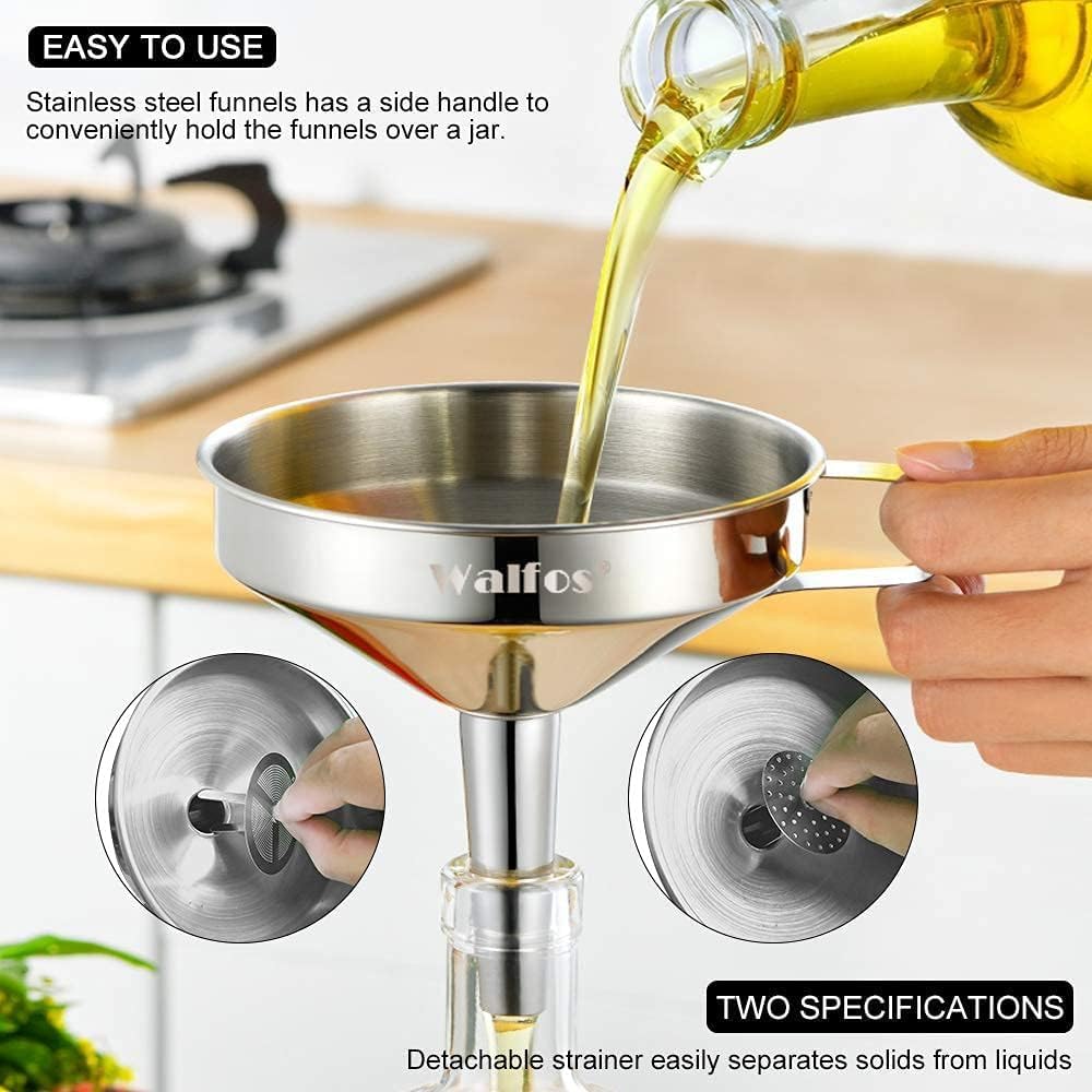 Stainless Steel Funnel, Walfos 3 Different Sizes of Kitchen funnels with 2 Removable Strainer ＆ 1Pcs Cleaning Brush, for Transferring of Liquid, Oils, Jam, Powder