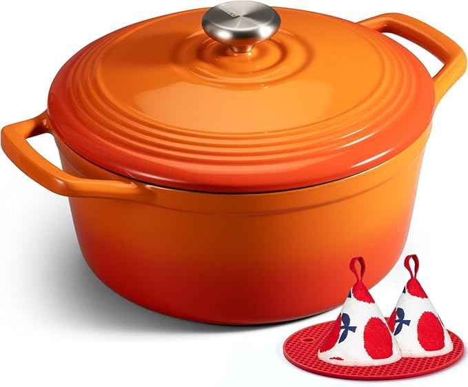Overmont Refined Enameled Cast Iron Dutch Oven - 5.5QT Pot with Wide Handles Lid Cookbook & Cotton Potholders - Heavy-Duty Pre-Seasoned Cookware Oven Safe to 500°F for Braising, Stews, Roasting, Bread Baking