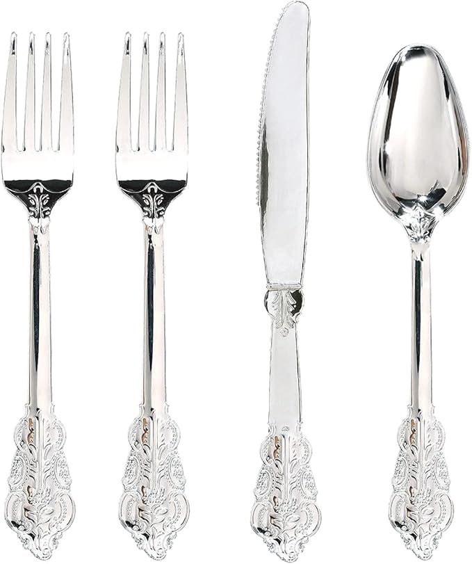 WDF 200 Pieces Silver Plastic Silverware Disposable - 50Guests Silverware Plastic Cutlery - Disposable Utensils Includes 100 Forks, 50 Spoons, 50 Knives Perfect for Christmas Wedding or Party