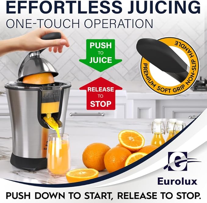 Eurolux Premium Electric Orange Juicer | Stainless Steel Citrus Squeezer With New Ultra-Powerful Motor and Soft Grip Handle for Effortless Juicing, Auto Shutoff, Dishwasher-safe Parts, Pulp Control