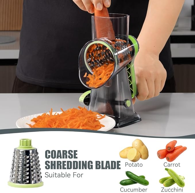 KEOUKE Rotary Cheese Grater Hand Crank Transparent - Shredder Slicer Grinder 3 Stainless Steel Blades, Stable Suction, Labor-Saving Handle, Safe Kitchen Tool for Cheese, Vegetable, Nuts, Chocolate