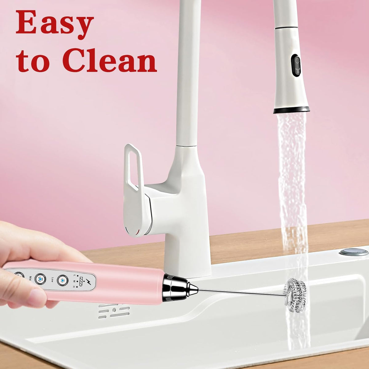 Milk Frother Handheld for Coffee, Electric Whisk 3 Speed Adjustable, Drink Mixer with Stainless 3 Whisks, Rechargeable Hand Frother Wand, Foam Maker for Latte Cappuccino Hot Chocolate Egg Pink