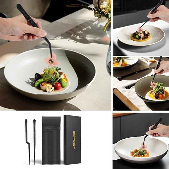 Cooking Tweezers, 2 Piece Chef's Tweezers Tongs, Chef's Plating Tool, 10 inch Food tweezers, Universal for all kinds of cooking, steak, plating, pasta and many other scenarios (2pc Set)