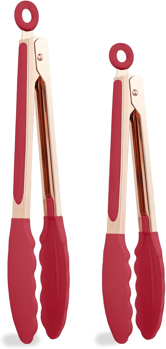 COOK WITH COLOR Stainless Steel Silicone Tipped Kitchen & BBQ Tongs Set, 2 Pc Tongs, Red