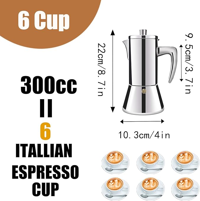6 Cup Thickened 304 Stainless Steel Moka Pot Stovetop Espresso Maker Cafeteras Italian Percolator Espress Makers Capable Greca Mocha Coffee Machine for Induction Home and Camping 300ml 10oz