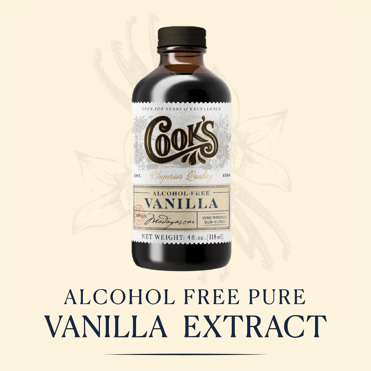 Cook's, Alcohol Free Pure Vanilla, for Cooking, Baking, Desserts, Madagascar Pure Vanilla, 4oz