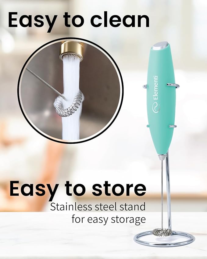 Elementi Drink Mixer Handheld - Electric Drink Stirrer for Powder Drinks - Protein Powder Mixer Wand & Frother - Hand Frother with Stand (Mint Green)