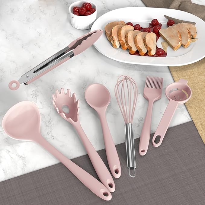 Silicone Cooking Utensils Set - 446°F Heat Resistant Kitchen Utensils,Turner Tongs,Spatula,Spoon,Brush,Whisk,Kitchen Utensil Gadgets Tools Set for Nonstick Cookware,Dishwasher Safe BPA Free(Pink)