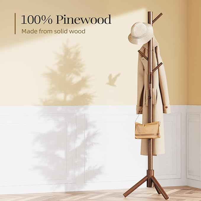 Pipishell Sturdy Wooden Coat Tree with 8 Hooks, 3 Adjustable Sizes for Clothes, Hat Stand Used in Bedroom/Office/Entryway, Brown