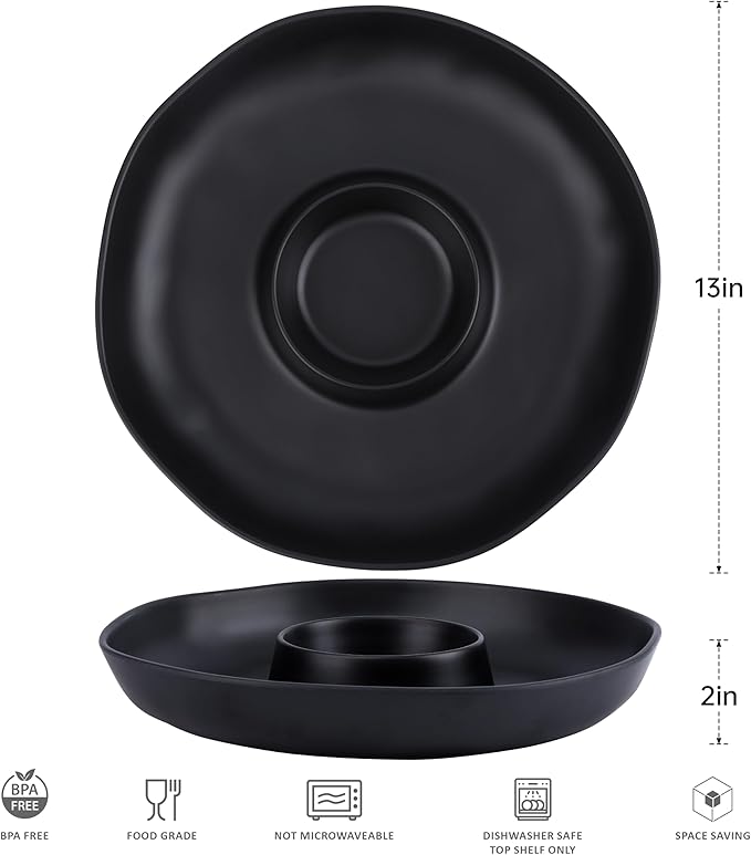 Chip & Dip Serving Set, 2 PCS Divided Cheeses Serving Platter, Relish Tray, Round Compartment Appetizer Set for Chips and Dip, Veggies, Candy and Snacks, Black, Set of 2