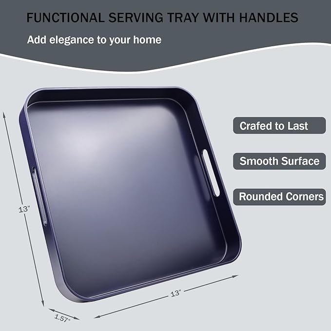 Square Navy Blue Decorative Serving Tray with Handles, Versatile Ottoman Tray for Coffee Table, Entertaining, Outdoor Patio, Living Room, 13”*13”*1.6”