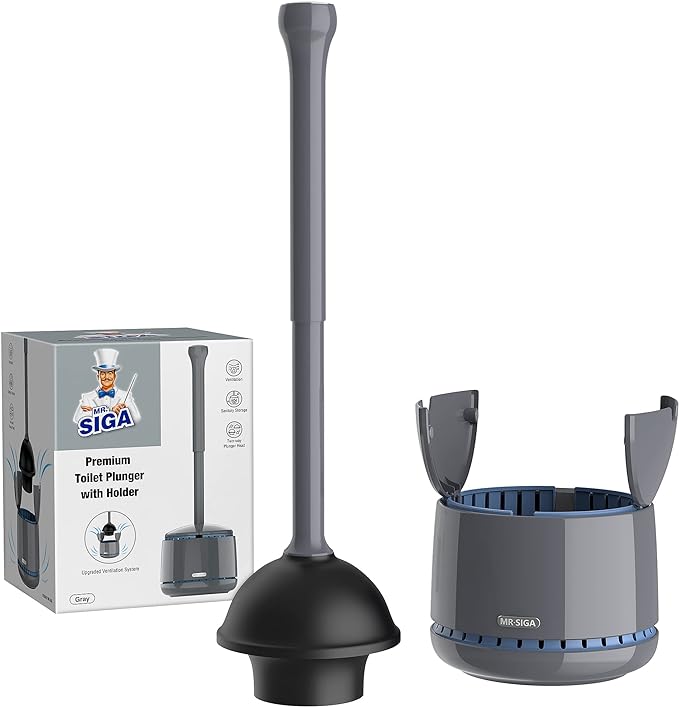 MR.SIGA Toilet Plunger with Holder, Heavy Duty Plunger with Sturdy Handle for Toilet Cleaning, Gray