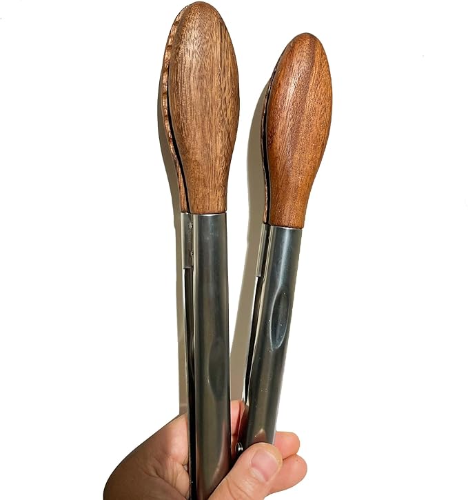 H&Zebrabro Food Tongs with Wood Tip, Salad Tong for Cooking, Serving, Grill, Kitchen Tongs Stainless Steel Handle, Kitchen Tools Set (Small + Large)