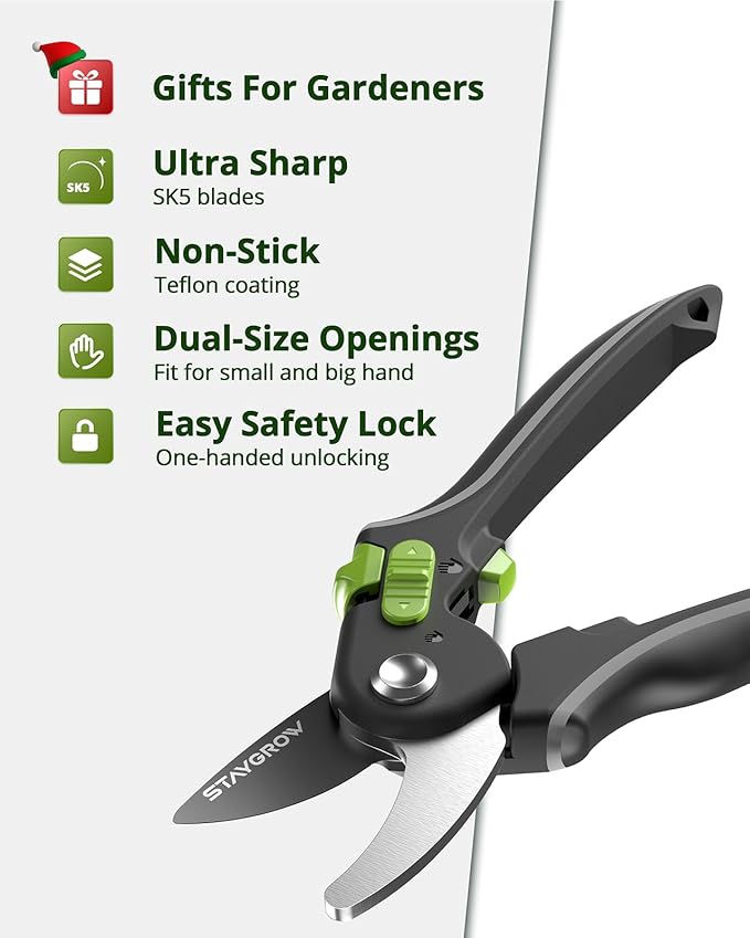 Pruning Shears for Gardening - 8.5" SK5 Garden Shears Cuts 10000+ Times Staying Sharp - Garden Scissors with One-handed Unlocking & Adjustable Handle- Garden Clippers Gardening Tools for Men Women