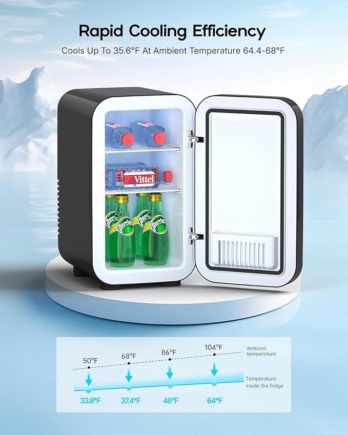 BEICHEN Mini Fridge,6 Liter / 8 Can Small Fridge for Bedroom, Car, Office & Dorm, 110V AC/DC Portable Thermoelectric Cooler & Warmer for Skincare, Food, Drinks,Black