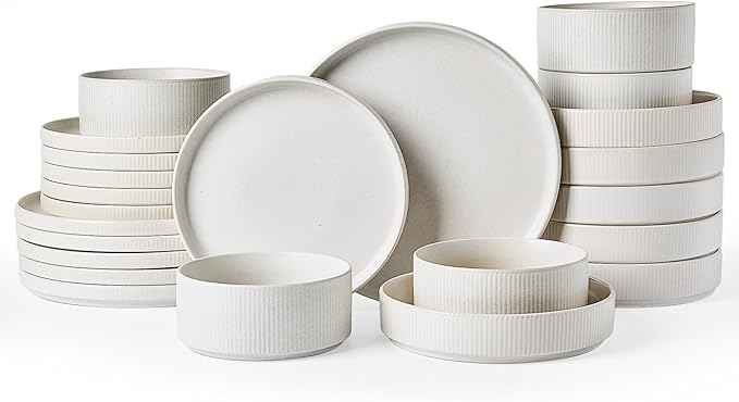 famiware Star Dinnerware Set with Pasta Bowls, Service for 6 (24 Pieces), Ribbed Stoneware Plates and Double Bowls Sets - Chip & Scratch Resistant, Microwave & Dishwasher Safe Dishes, Matte White