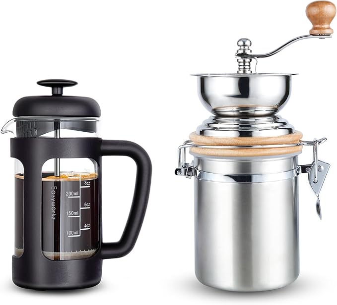 Easyworkz French Press 12 oz, Bundled Manual Coffee Grinder with Airtight Canister