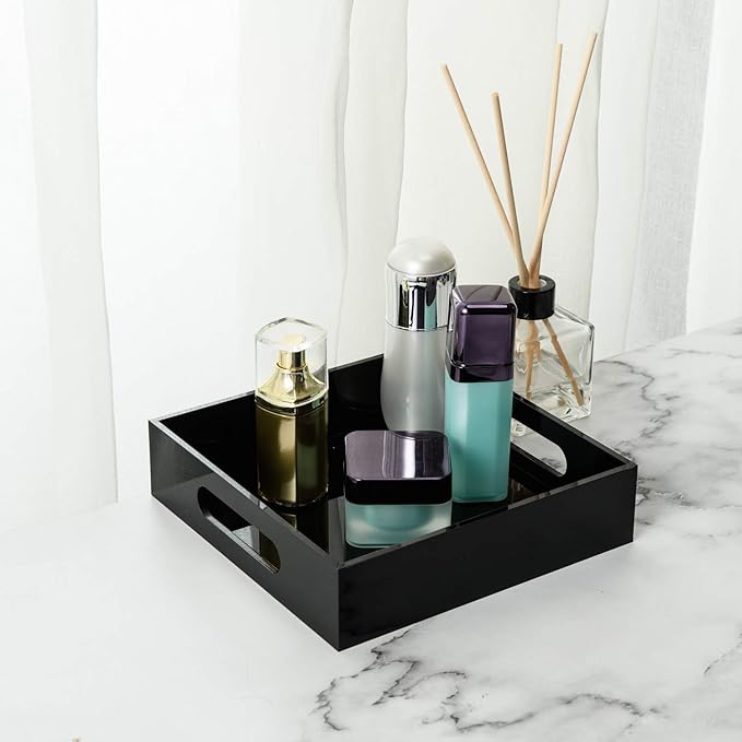 Black Sturdy Acrylic Tray with Handles-8x8 Inch- Countertop Organizer Tray for Kitchen,Bathroom,Office- Storage Box for Cosmetics, Jewelry,Toiletries,Toy,Gadgets