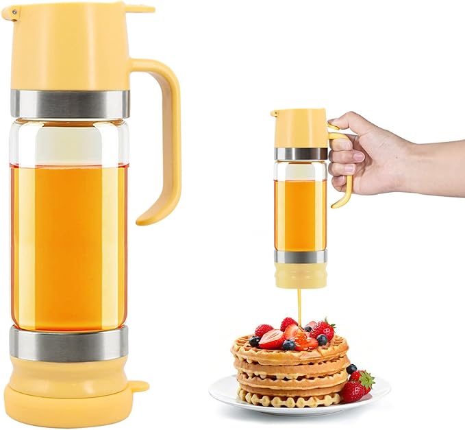 Glass Honey Dispenser No-Drip with Handle – 12 oz Maple Syrup Jar Dispenser for Coffee, Pancakes & Waffles – Elegant Glass Syrup Container for Easy Pouring – Honey Jar for Kitchen & Breakfast Table