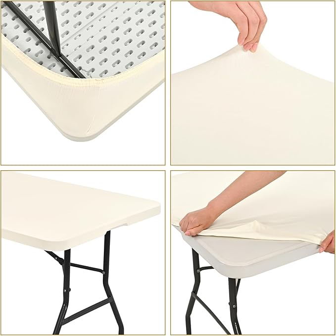 6 Pack Stretch Fabric Table Top Cap Cover, fits 6' Tables, Spandex Table Covers Washable Elastic Rectangle Tablecloth Protector for Indoor Outdoor Party Picnic Wedding, Ivory, 30" W x 72" L