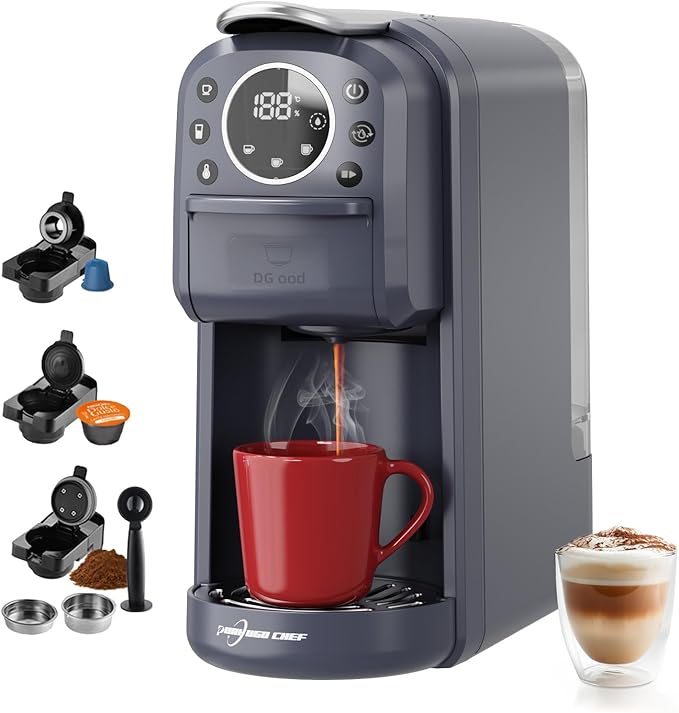 Multi-Capsule Espresso 4in1 Coffee Maker,Single Serve Coffee Machine for Nespresso,Dolce Gusto,ESE Pods & Ground Coffee or Hot Water,Smart & Compact Design in Any Space,20Bar,CM-C05A