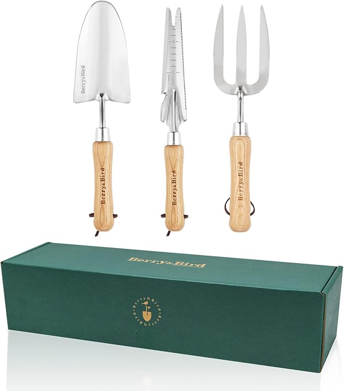 Berry&Bird Gardening Hand Tool Set - 3PCS Stainless Steel Garden Tool Kit Multifunctional Tool with Wooden Handle Trowel, Fork & Weeder for Weeding Planting Transplant, Ideal Garden Gift for Women&Men