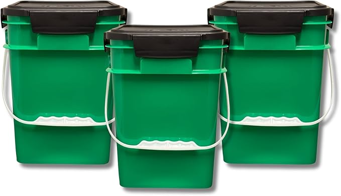 House Naturals 4 Gallon Square Food Grade Bucket Pail with Plastic Handles and Lid (Pack of 3) Made in USA containers (Green)