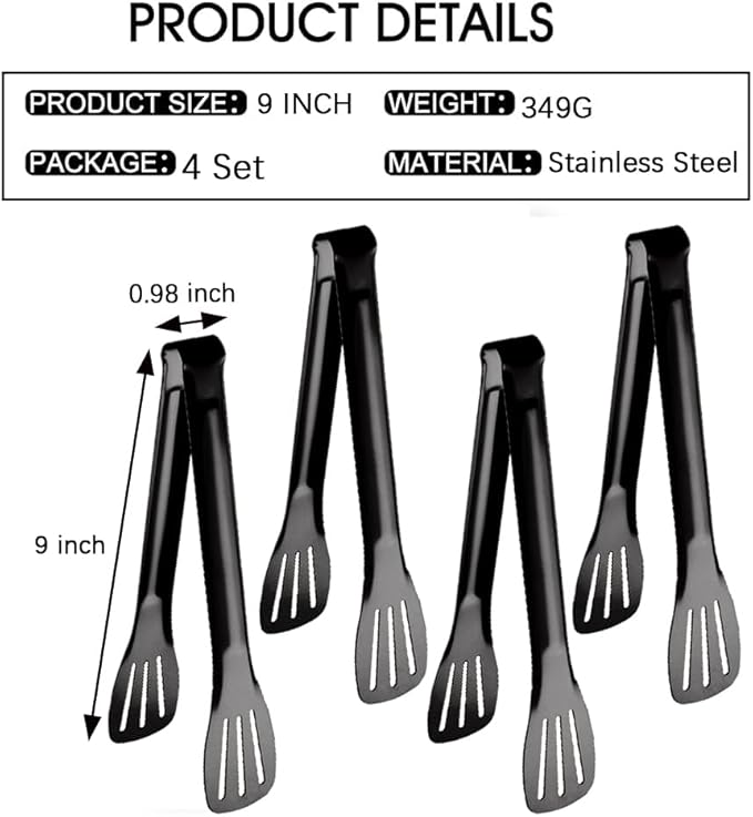 4 PCS Serving Tongs Black Tongs 9 Inch Serving Utensils Stainless Steel Serving Tongs for Salad Buffet Appetizer Dessert Tong for Food Parties