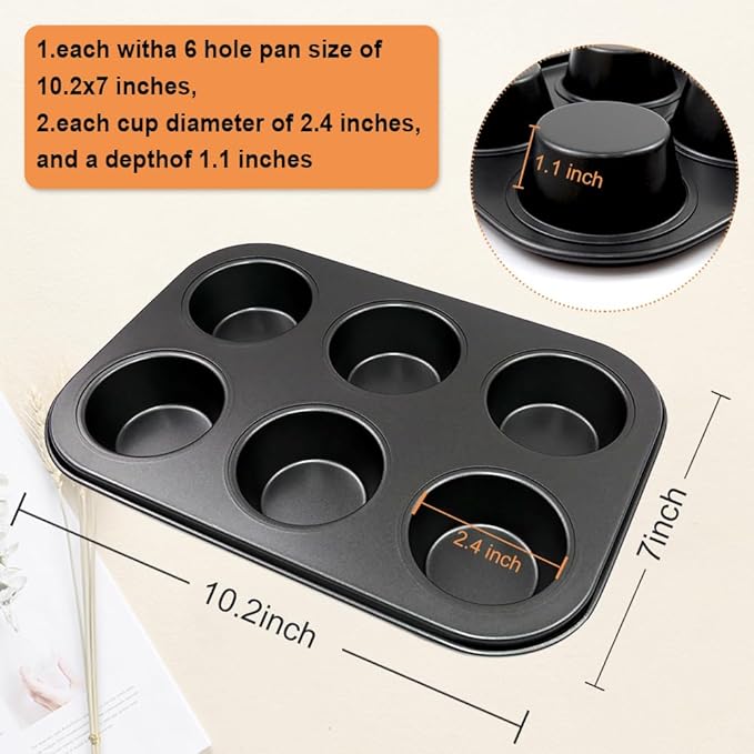 2 Packs Premium Steel Muffin Pan for Baking, Round Muffin Baking Pan, Baking Tray for Muffins, Cupcakes, Brownie(Black, 6 Cup)