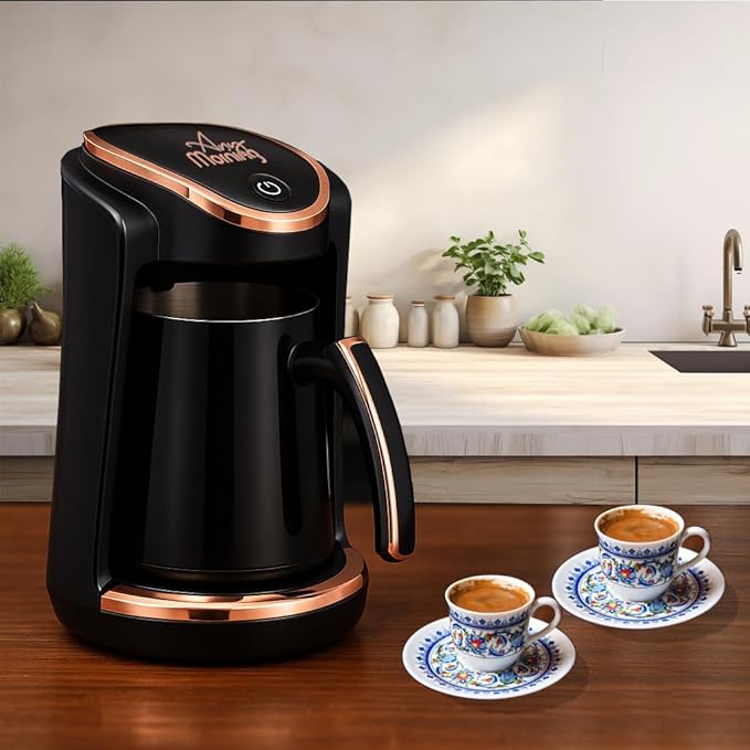 Any Morning Turkish & Greek Coffee Maker-Machine, 1 to 4 Cups Capacity, 100% BPA Free, 400W Electric Coffee Pot with Cook Sense Technology, Anti-Spill Design, Authentic Foamy Brew, Black